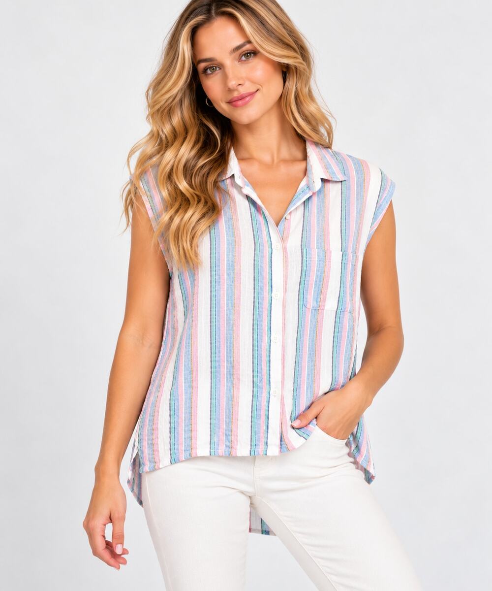 Orvis Button-Up Linen Blend Top Women's Sz M Striped Coastal Preppy Beach Resort